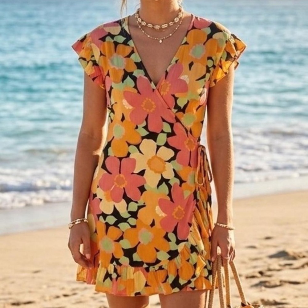 Billabong Floral Wrap Mini Dress in Black, Pink, Yellow, Orange